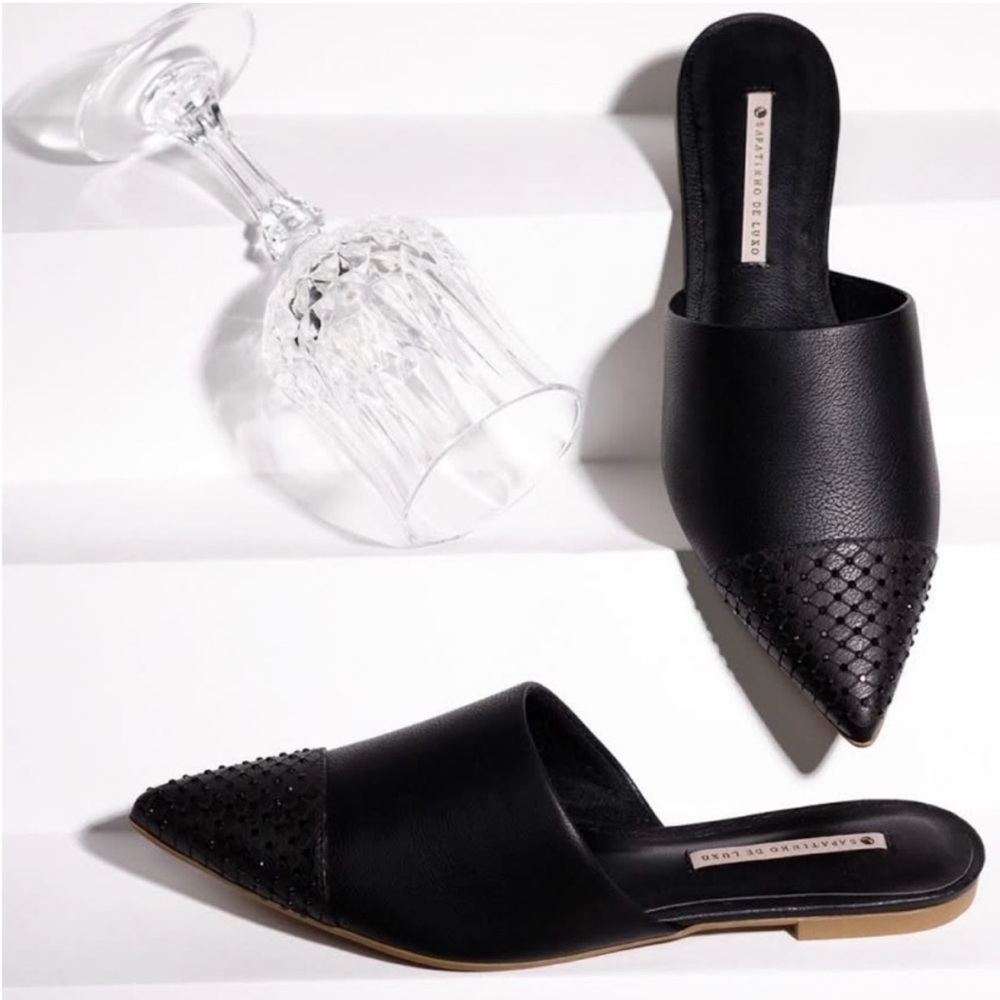 New Vegan Black Leather Pointed Toe Flat Mules crystals backless size 5